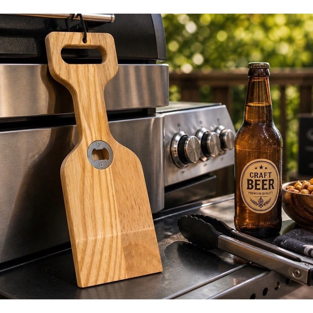 Woody Wood Grill Scraper & Bottle Opener Thermometer Basting Brush Included NEW